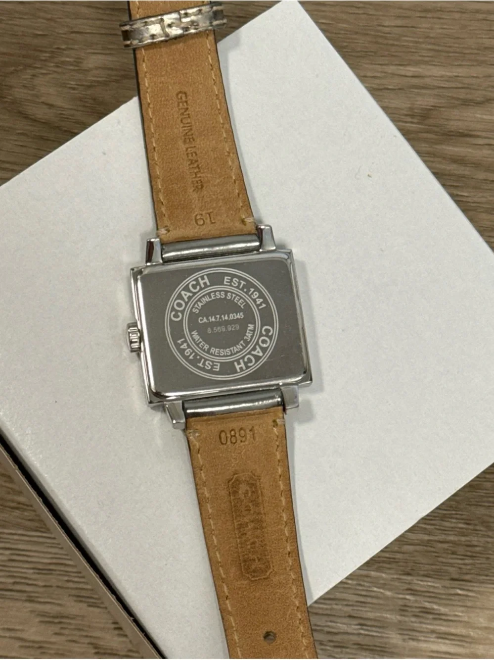 Coach Silver-Tone Square Dial Leather Strap Watch